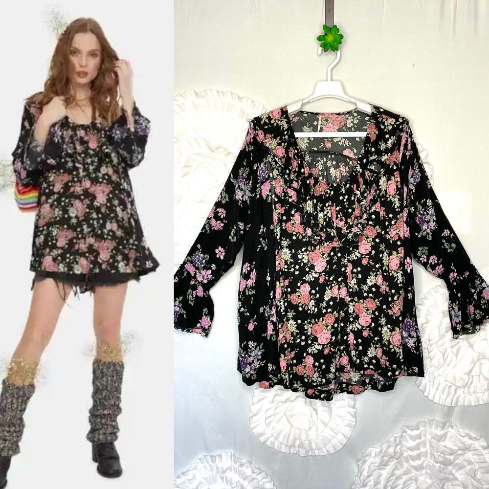 Free People Loretta Black Floral Top Ruffle Neck Button Front Size Small
